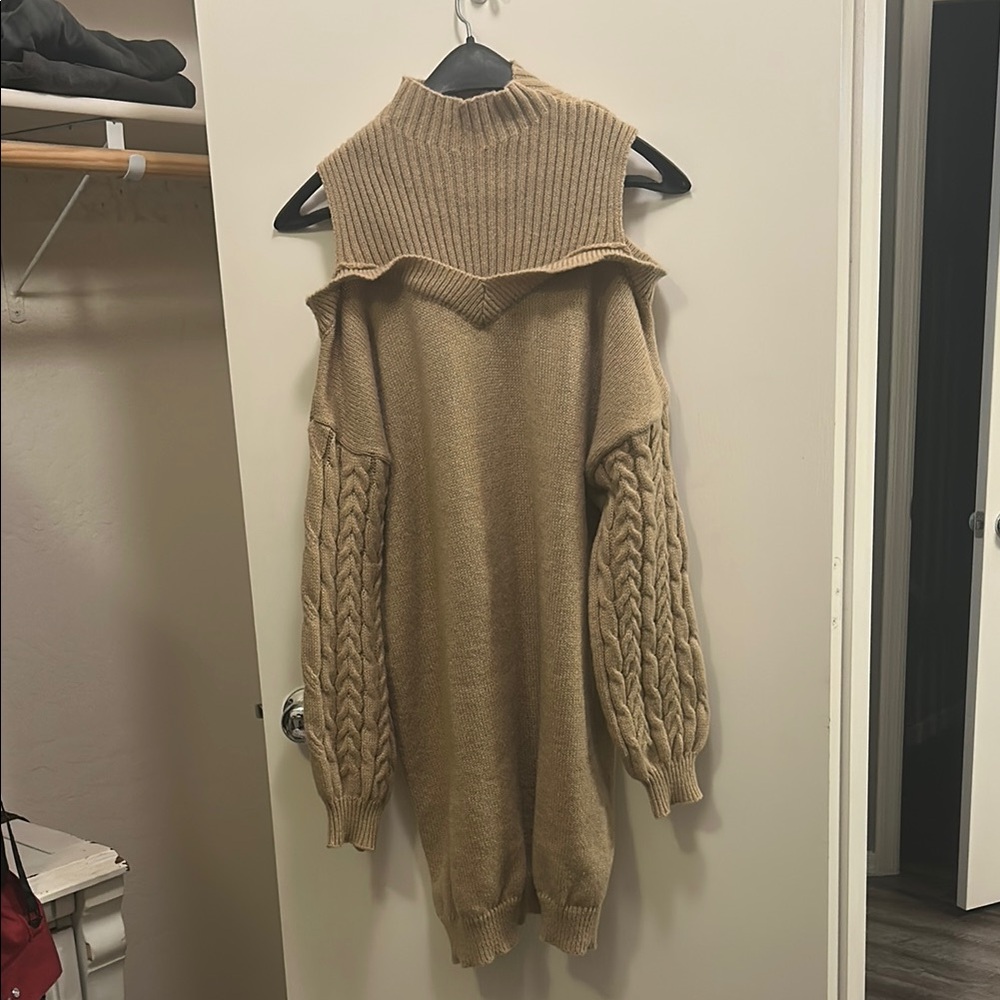 Tan Cowl Neck Sweater with Cable Knit Sleeves